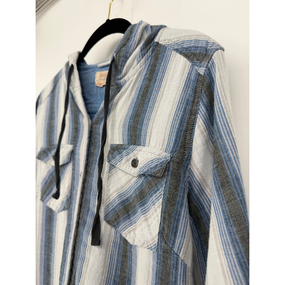 Boston Traders Womens Blue Striped Hooded Button Down Shirt Cotton Rayon Medium